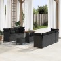 Schwarzes 10-teiliges Gartenmöbel Set aus Polyrattan mit Akazientisch und Kissen.