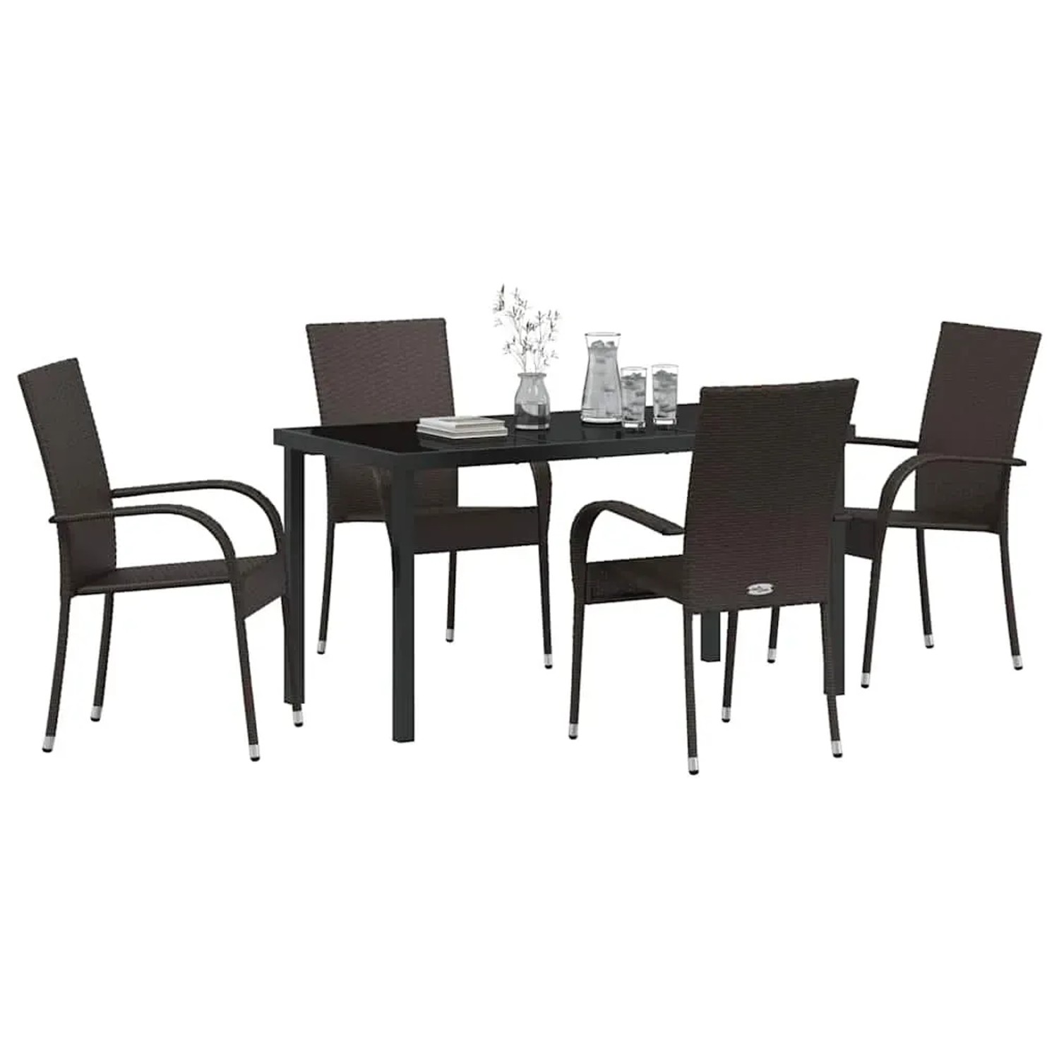 Braune 5-teilige Garten Essgruppe aus Poly Rattan von vidaXL mit Tisch und vier Stühlen.