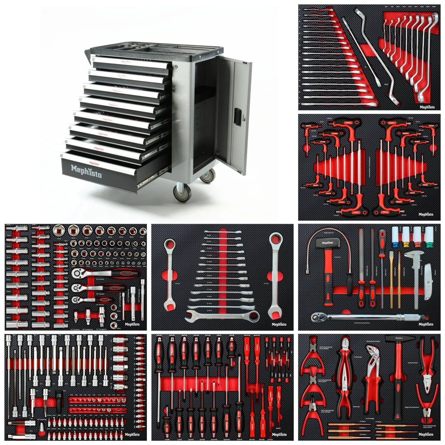 Mephisto XXL Werkzeugwagen mit 8 Schubladen, gefüllt mit Werkzeug und Ringschlüssel-Set.