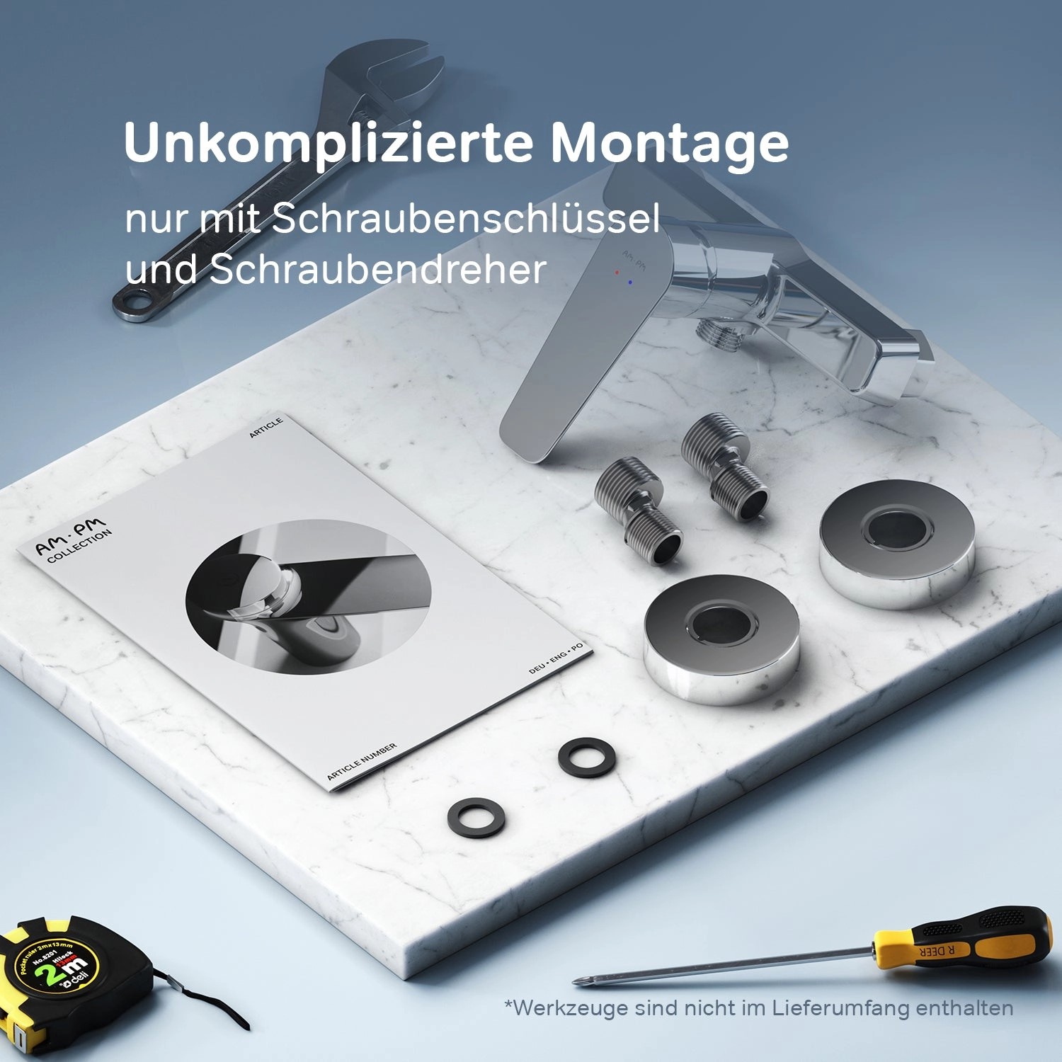 AM.PM Duscharmatur Hit: Montage mit Werkzeug, Brausebatterie und Zubehör auf Marmorplatte.