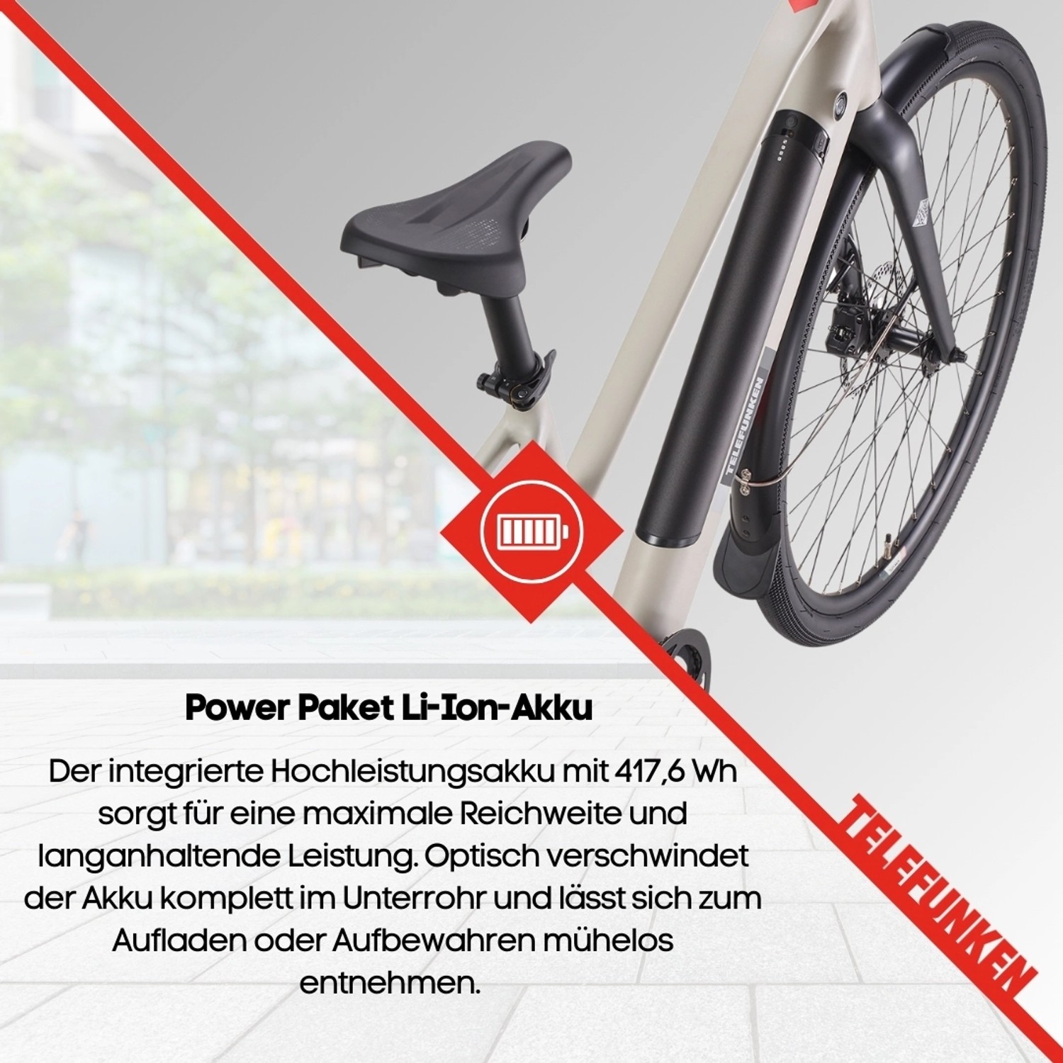 TELEFUNKEN E-Bike UH210, Urban Seidengrau, mit Akku am Rahmen und schwarzem Sattel.