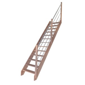 StarWood Treppe Rhodos Buche, gerade, mit Edelstahl-Geländer. Offene Holztreppe für den Innenbereich.