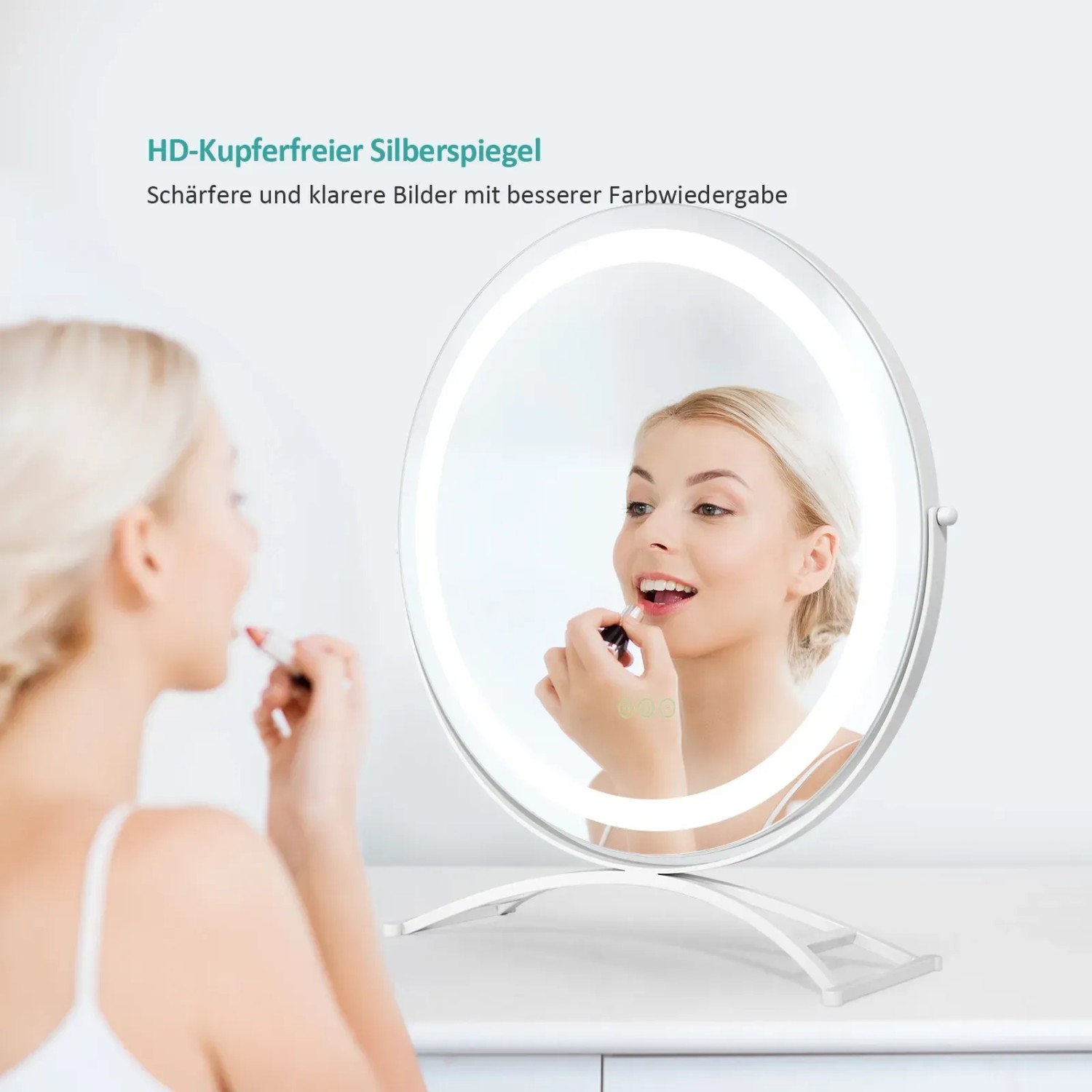 Emke Kosmetikspiegel, rund, beleuchtet, mit 3 Farbtemperaturen, 50cm, Frau beim Schminken.