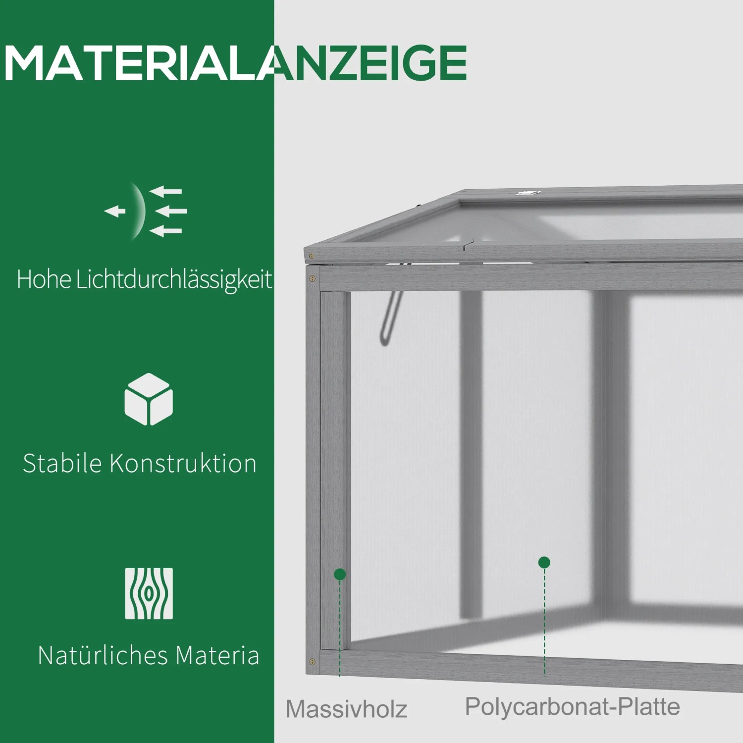 Outsunny Frühbeet aus Holz und Polycarbonat, hellgrau, Detailansicht Materialien.