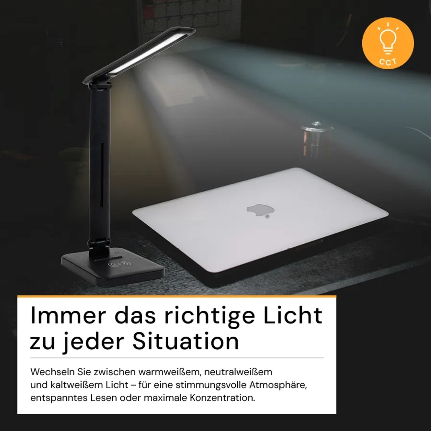 Schwarze LED Schreibtischleuchte mit induktiver Ladestation und USB-C Anschluss.