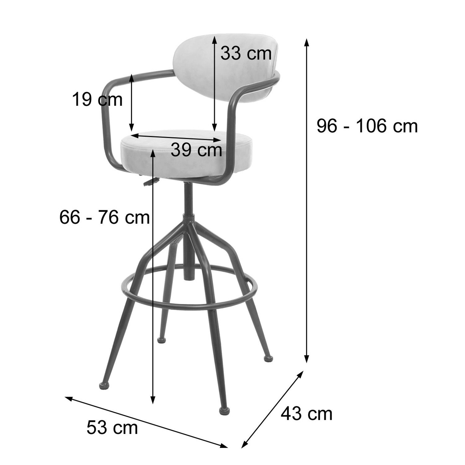 MCW Barhocker H10f Vintage Braun, Maße: Höhe 96-106 cm, Sitzhöhe 66-76 cm, mit Armlehnen und Fußablage.