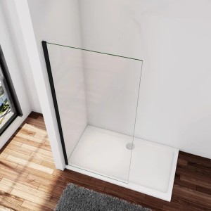 Walk-In Dusche 100x200cm mit schwarzem Rahmen und Klarglas Seitenwand.