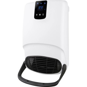 Weißer Bad-Heizlüfter Sula 2.000 W mit Display und Tragegriff für Wandmontage.