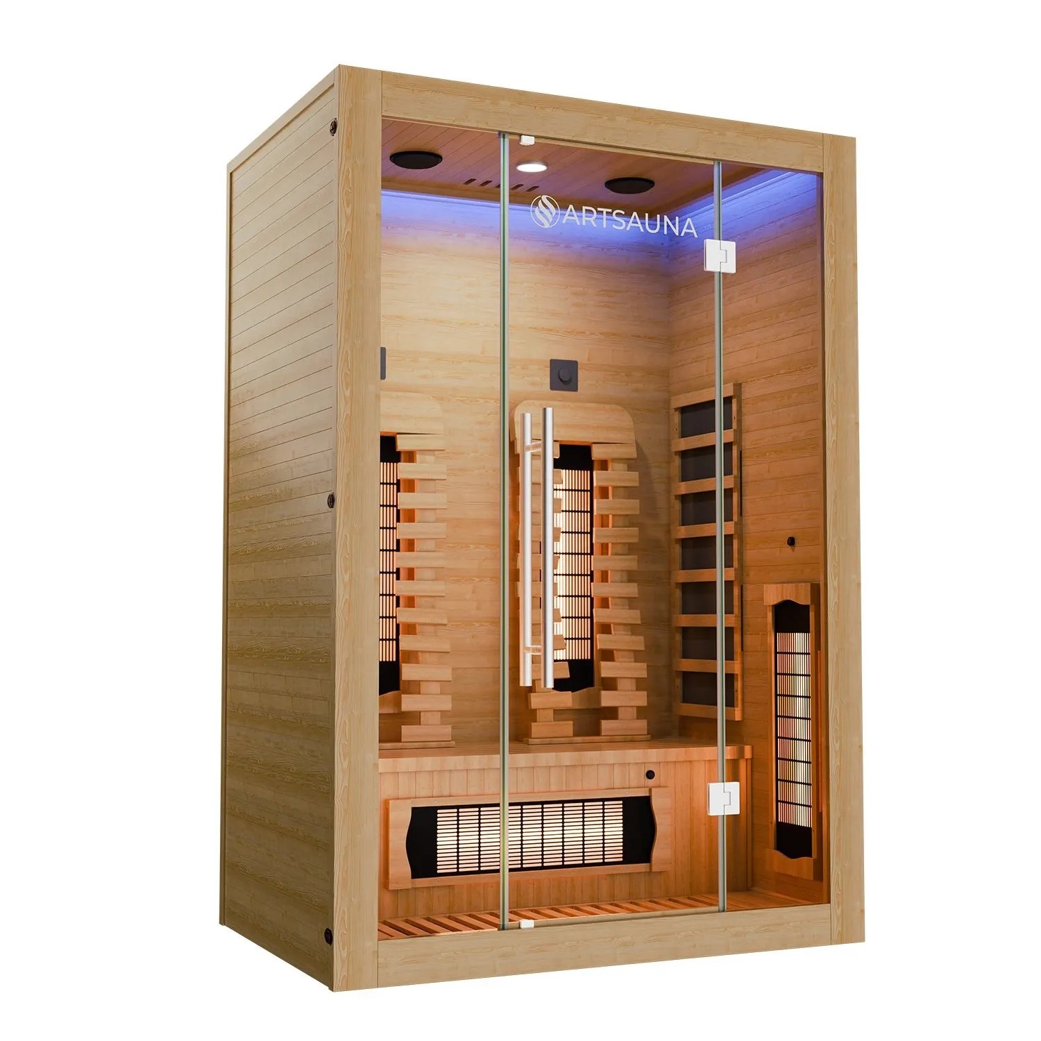 Artsauna Infrarotkabine Kiruna130 Premium mit Dual Technologie aus Hemlockholz und Glasfront.