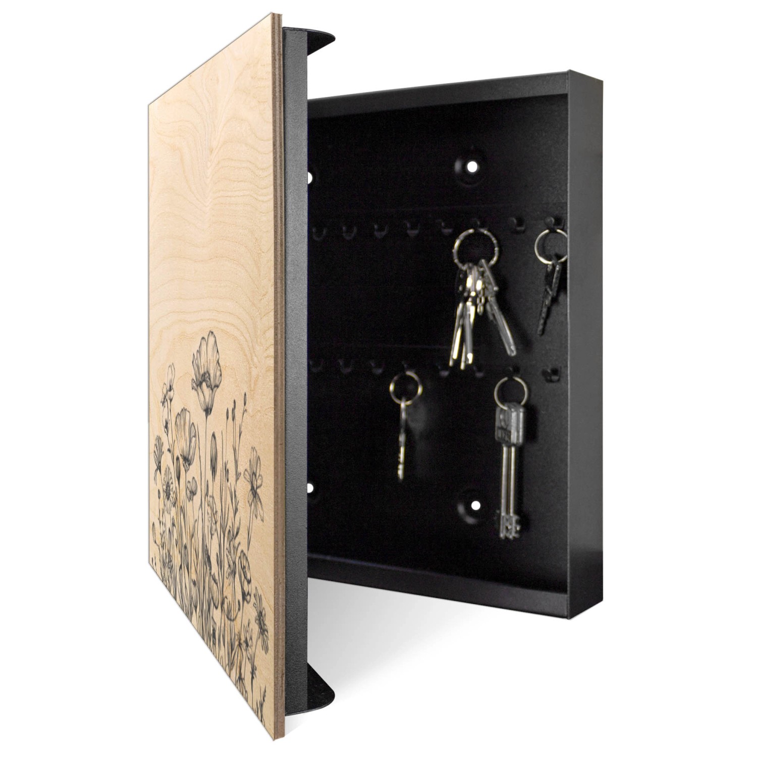 Offener, schwarzer Banjado Schlüsselkasten aus Holz (30x30cm) mit Blumenzeichnung und 50 Haken zur Schlüsselaufbewahrung.