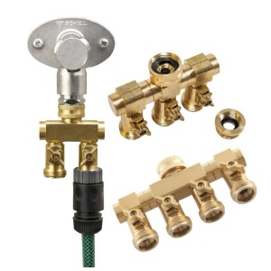 Westfalia Wasserverteiler, 2-Wege, Außengewinde 3/4, Metall goldfarben, verschiedene Modelle.