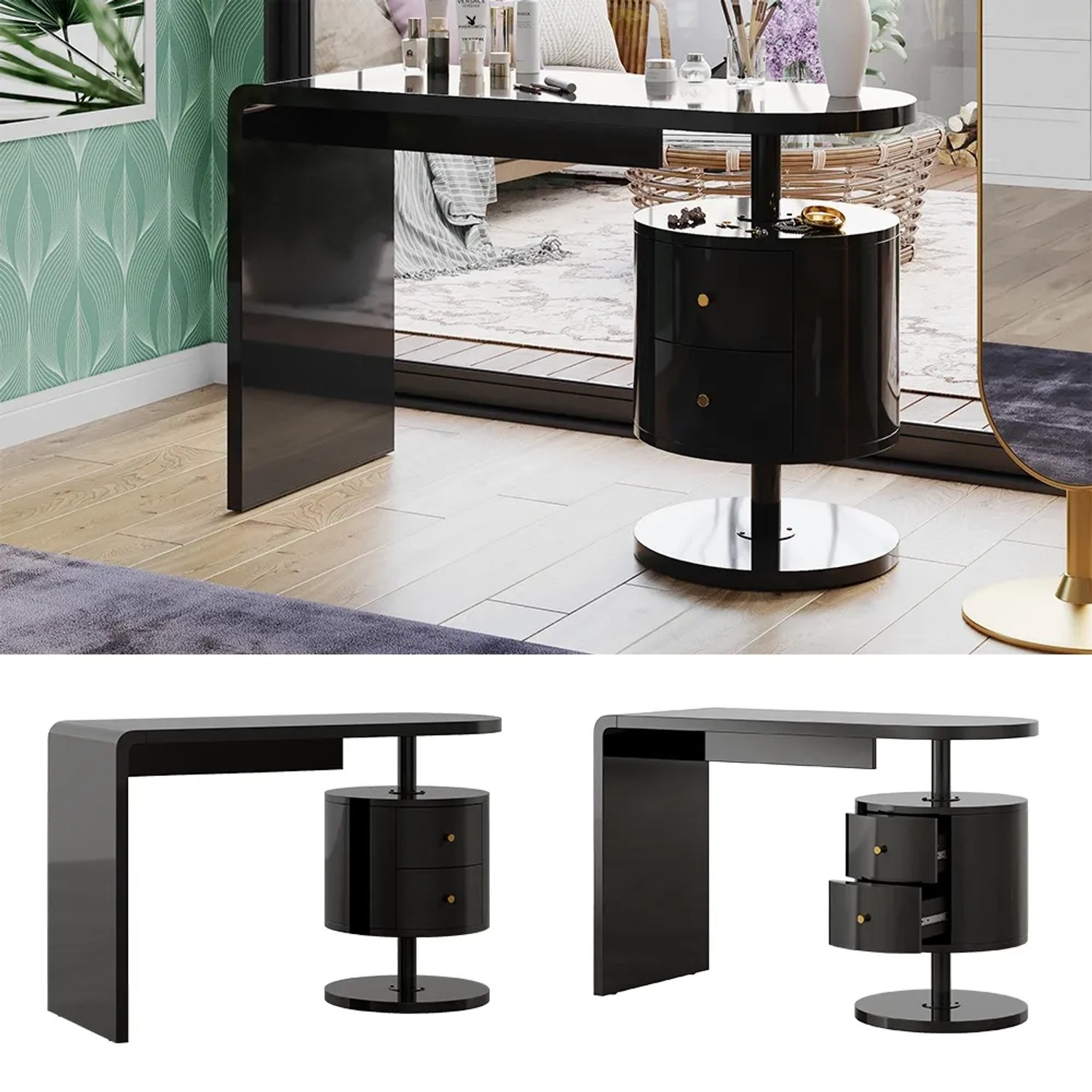 Vicco Schminktisch Lara, Schwarz Hochglanz, 120 cm breit, mit 2 Schubladen.