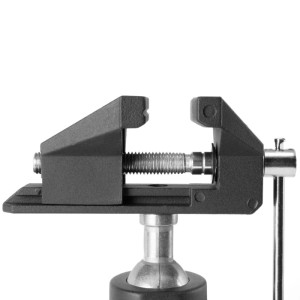 Schwarzer STAHLWERK Tischschraubstock TS-50 ST mit Kugelgelenk und Spannbacken aus Aluminiumguss für Modellbau.