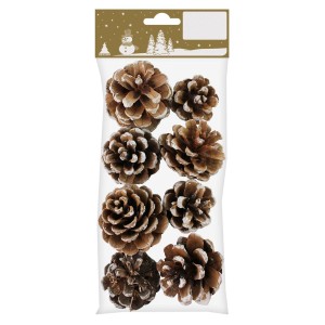 8 Tannenzapfen Natur mit weißen Spitzen und Draht zum Aufhängen, Weihnachtsdekoration.