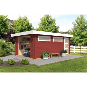 Lasita Garage Canberra, Schwedenrot, mit Eingangstür und Fenster. Holzgarage für Auto und Gartenzubehör.