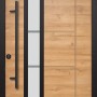 Moderne Splendoor Haustür ThermoSpace Paris Prime in Eiche Natur mit Glaseinsatz und schwarzem Rahmen.
