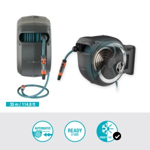 Gardena Wand-Schlauchbox RollUp XL mit 35m Gartenschlauch, schwenkbar und frostsicher.