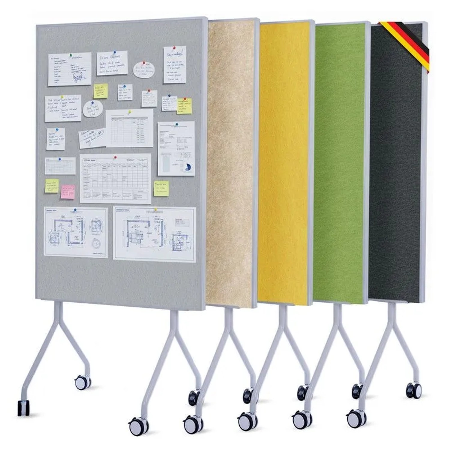 Mobile, beidseitige Moderationstafel GIANT mit Filztafel in Beige, Grau, Gelb, Grün und Anthrazit auf Rollen.