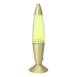 Goldene Eglo LED-Lavatischleuchte mit gelber Flüssigkeit und orangem Wachs. Dekorative Tischlampe für stimmungsvolles Licht.