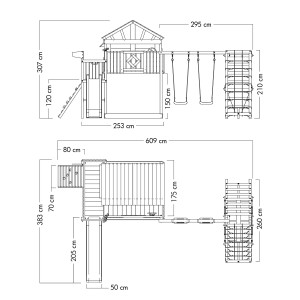 Detaillierte Maßzeichnung des Wickey Spielturm Smart Fjord mit Rutsche und Schaukel.
