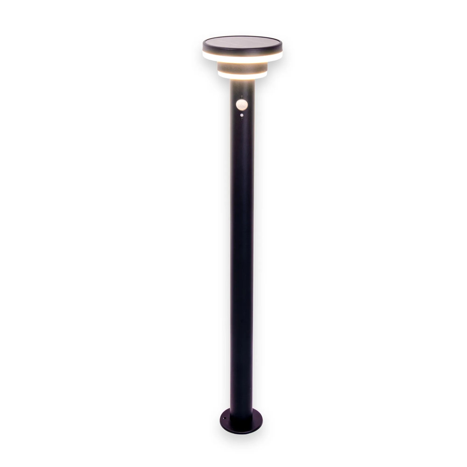 Schwarze LED Solar Stehleuchte Nora mit Erdspieß, Ø 16 cm, 86 cm hoch.