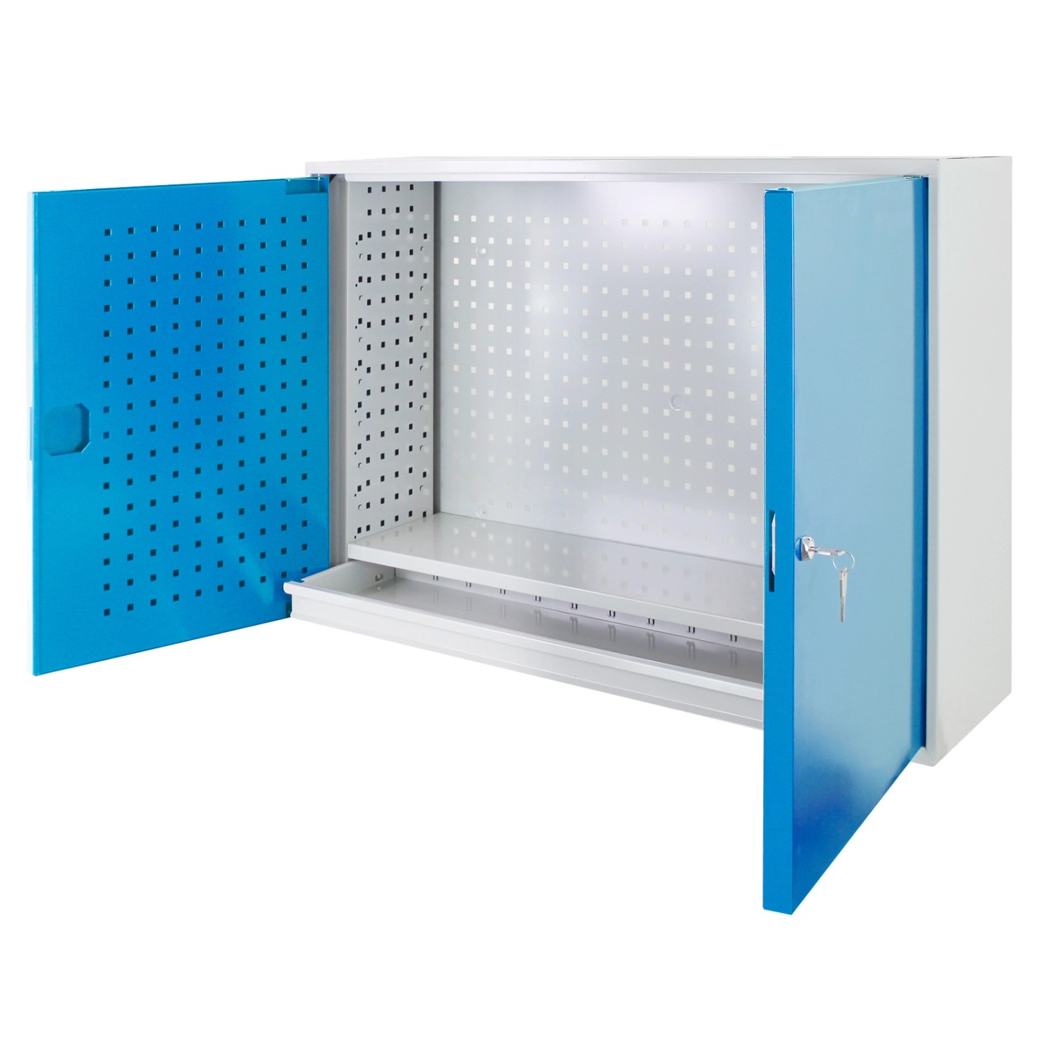 PROREGAL Werkzeugwandschrank mit 2 Türen 1 Fachboden 1 Schublade HxBxT 75,5 x 105 x 31 cm Lichtgrau Lichtblau