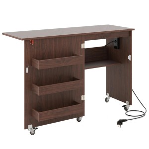 Costway Nähtisch, klappbar, mit Ladestation in Kaffeeoptik. Schreibtisch mit Rollen und Ablagefächern.