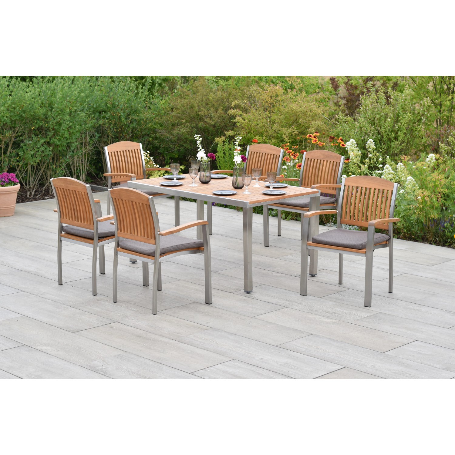 Merxx Keros Set 13-tlg mit Gartentisch 150 x 90 cm inkl. Kissen Edelstahl/A günstig online kaufen