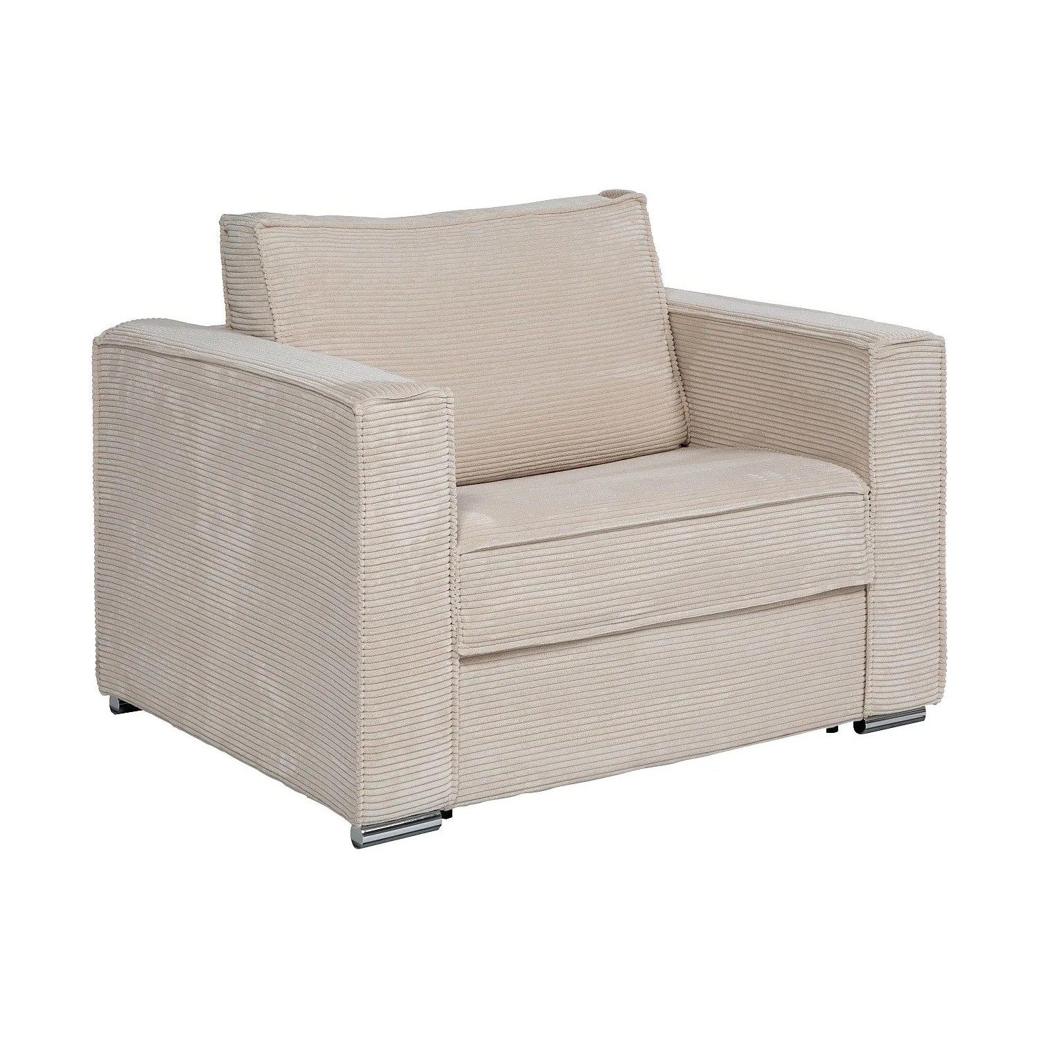 Beiger Vente-unique Loreto Schlafsessel aus Cordstoff. Moderner Relaxsessel mit gerippter Textur und Metallfüßen.