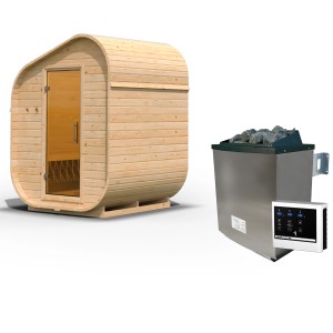 Karibu Fasssauna Asymmetrisch 1 mit Ofen (9 kW, extern, naturbelassen).