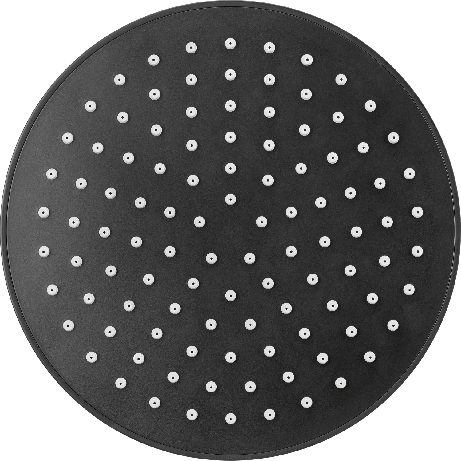Mattschwarze baliv Kopfbrause, 20 cm Durchmesser, mit Antikalk-Noppen für einfache Reinigung.