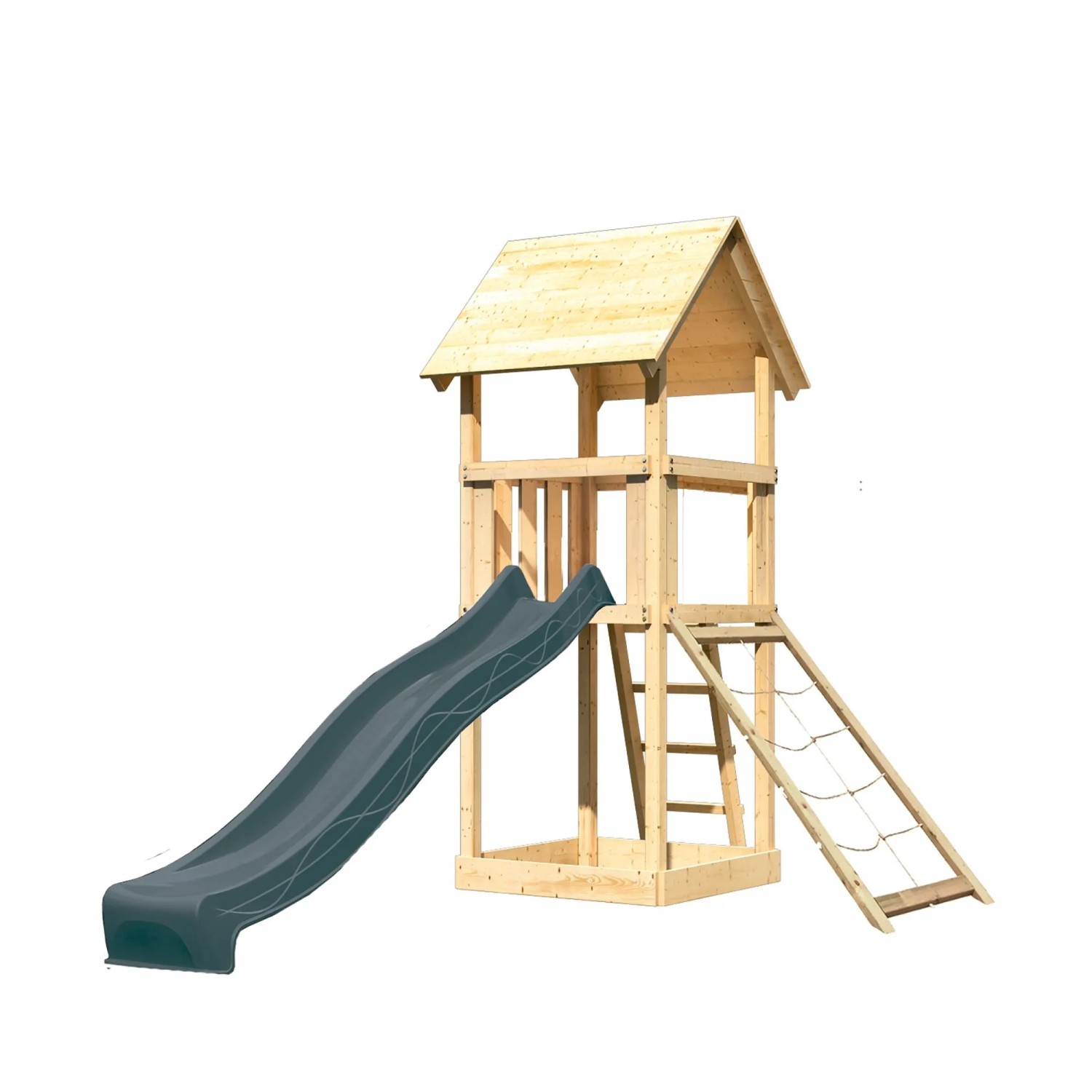 Karibu Spielturm Lotti mit Rutsche u. Netzrampe Natur-Anthrazit