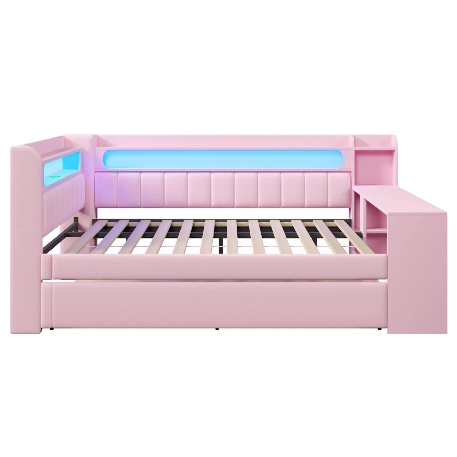 Merax Tagesbett 140x200 cm mit USB LED Ausziehbett Schreibtisch Rosa