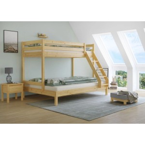 Helles Doppel-Etagenbett aus Kiefernholz mit 90x200 und 140x200 cm Liegeflächen, Leiter und Absturzsicherung.