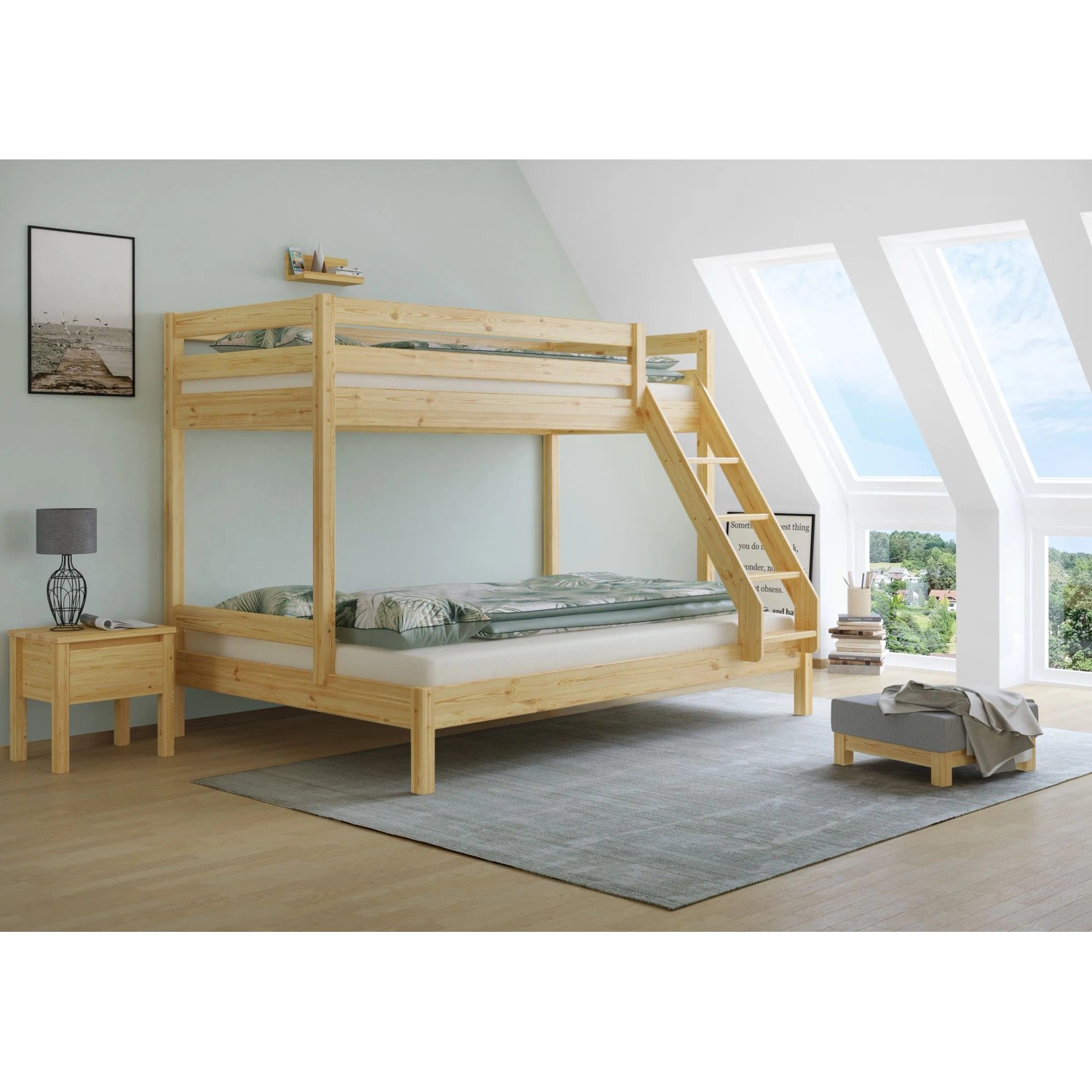 Erst-Holz Doppel-Etagenbett 90 x 200 cm und 140 x 200 cm Erwachsene Kiefer Natur Modell 18 Rollrost inkl.