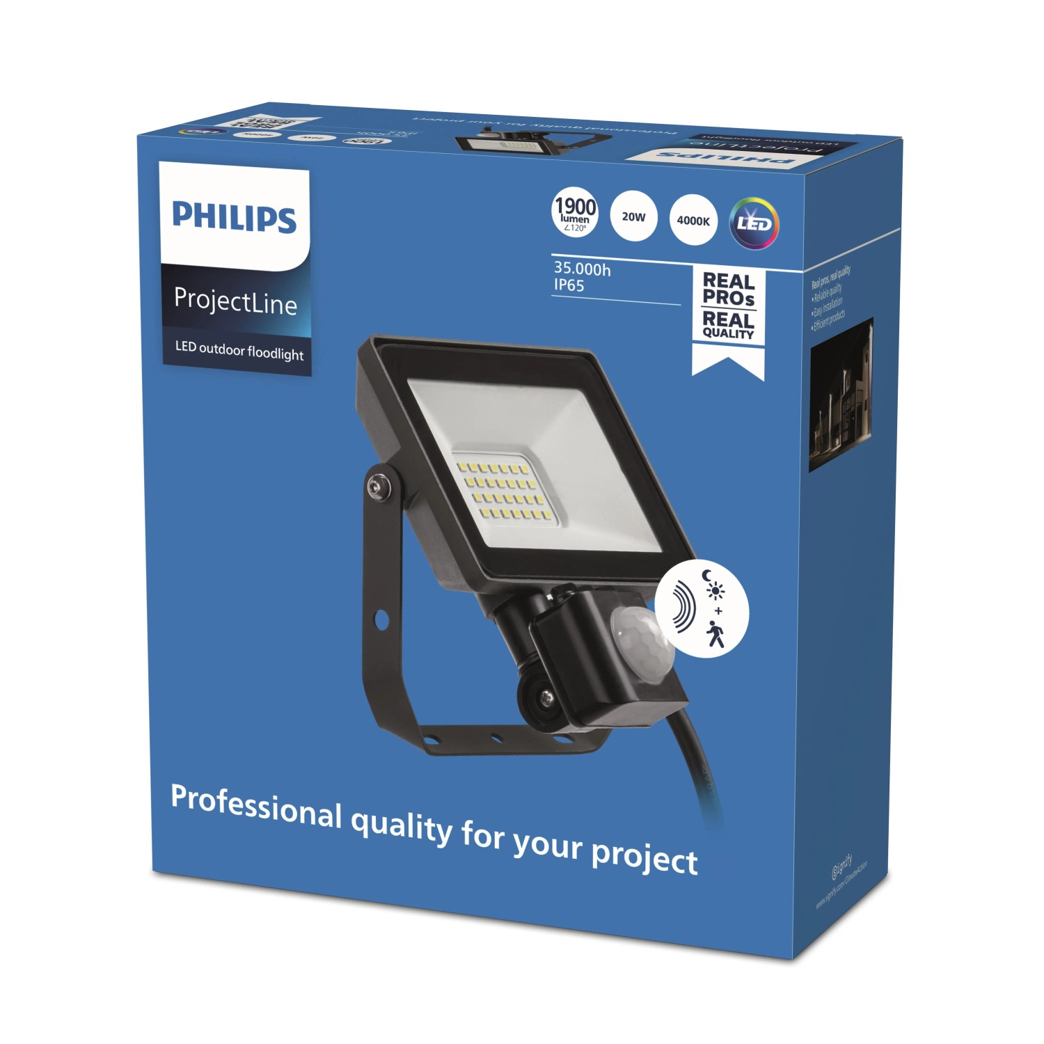 Philips Projectline LED-Außenstrahler 20W mit Sensor, 4000K, IP65, in Verpackung.