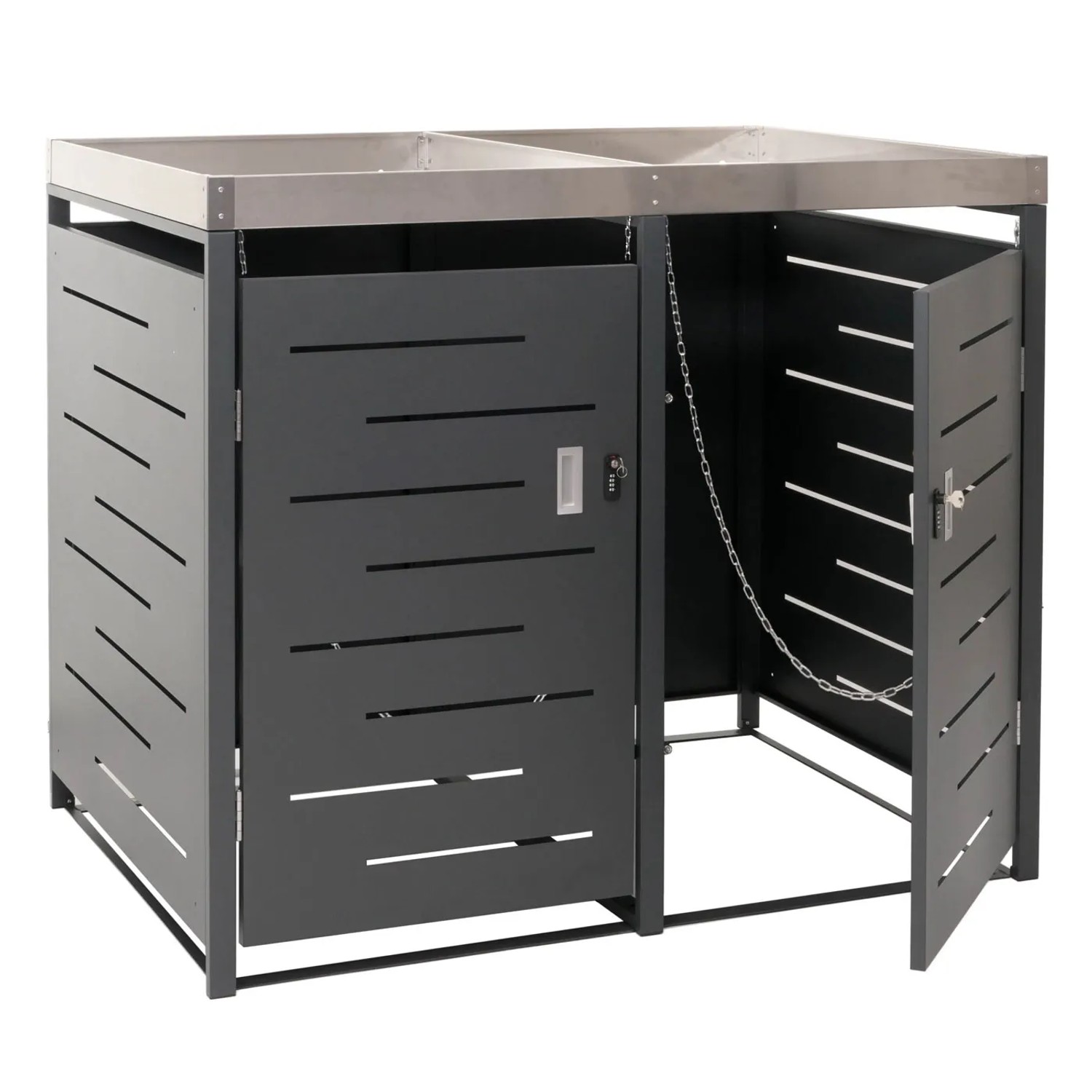 PROREGAL Mülltonnenbox 2er, anthrazit-grau, aus verzinktem Stahl mit Edelstahl-Pflanzkasten. Abschließbar, Belüftungsschlitze.