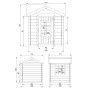 Technische Zeichnung Timbela Kinderspielhaus M570M-1 mit Maßen. Detailansicht des Holz-Spielhauses.