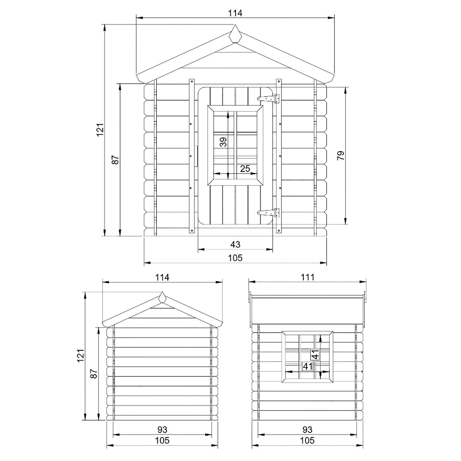Technische Zeichnung Timbela Kinderspielhaus M570M-1 mit Maßen. Detailansicht des Holz-Spielhauses.