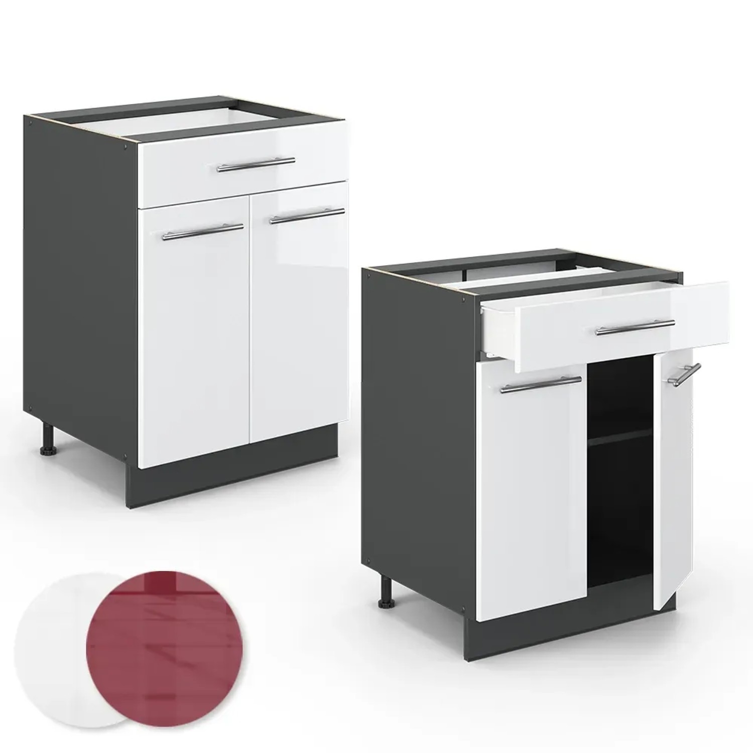 Vicco Küchenunterschrank Fame-Line, weiß hochglanz/anthrazit, 60 cm mit Schublade und Marmor Arbeitsplatte.