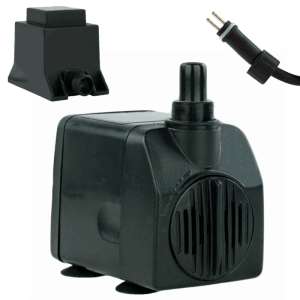 Schwarze Kerry Electronics Teichpumpe 12V, 450 l/h mit Kabel und Zubehör.