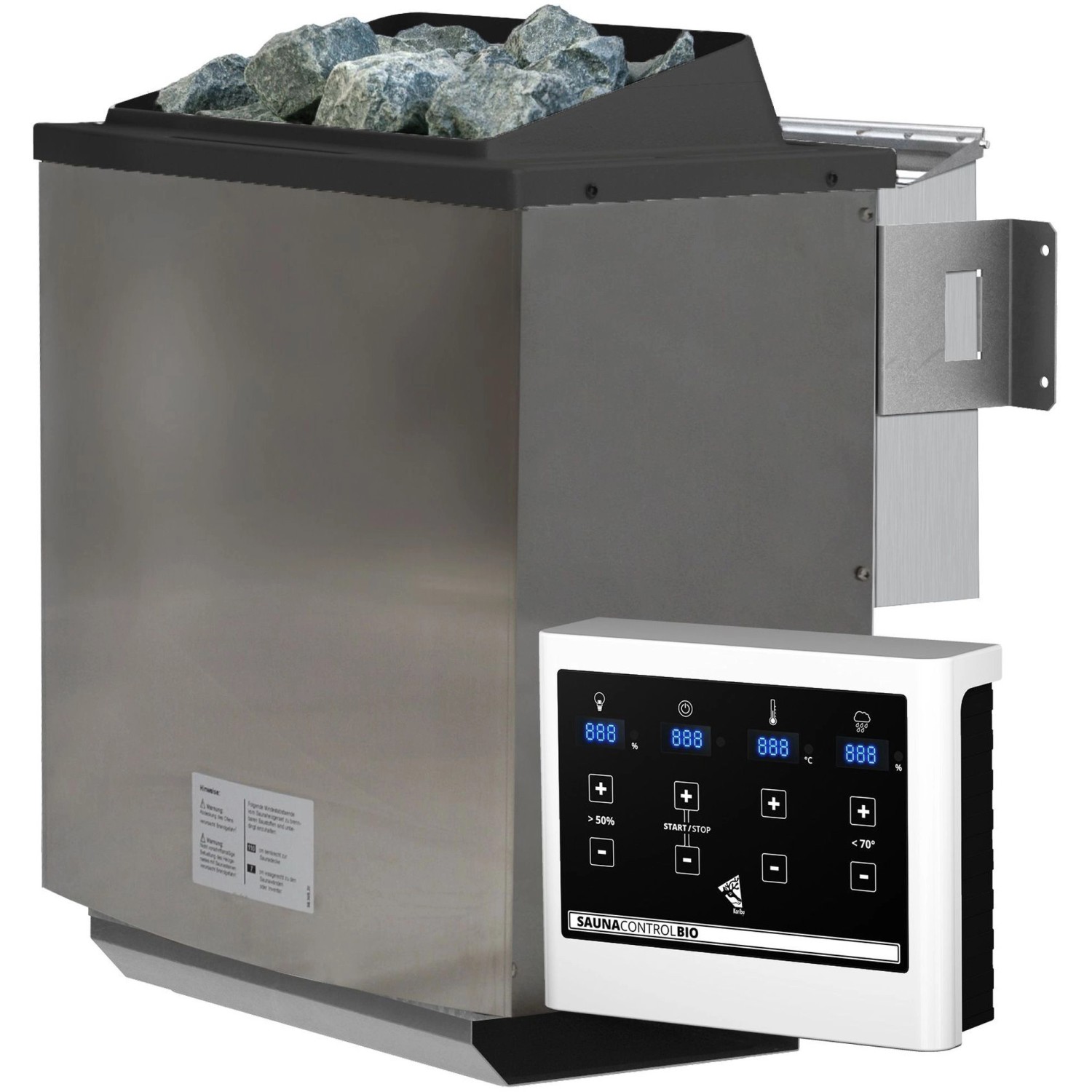 Karibu Saunaofen Bio Set mit Steinen und Steuergerät Bio-Easy aus Edelstahl.