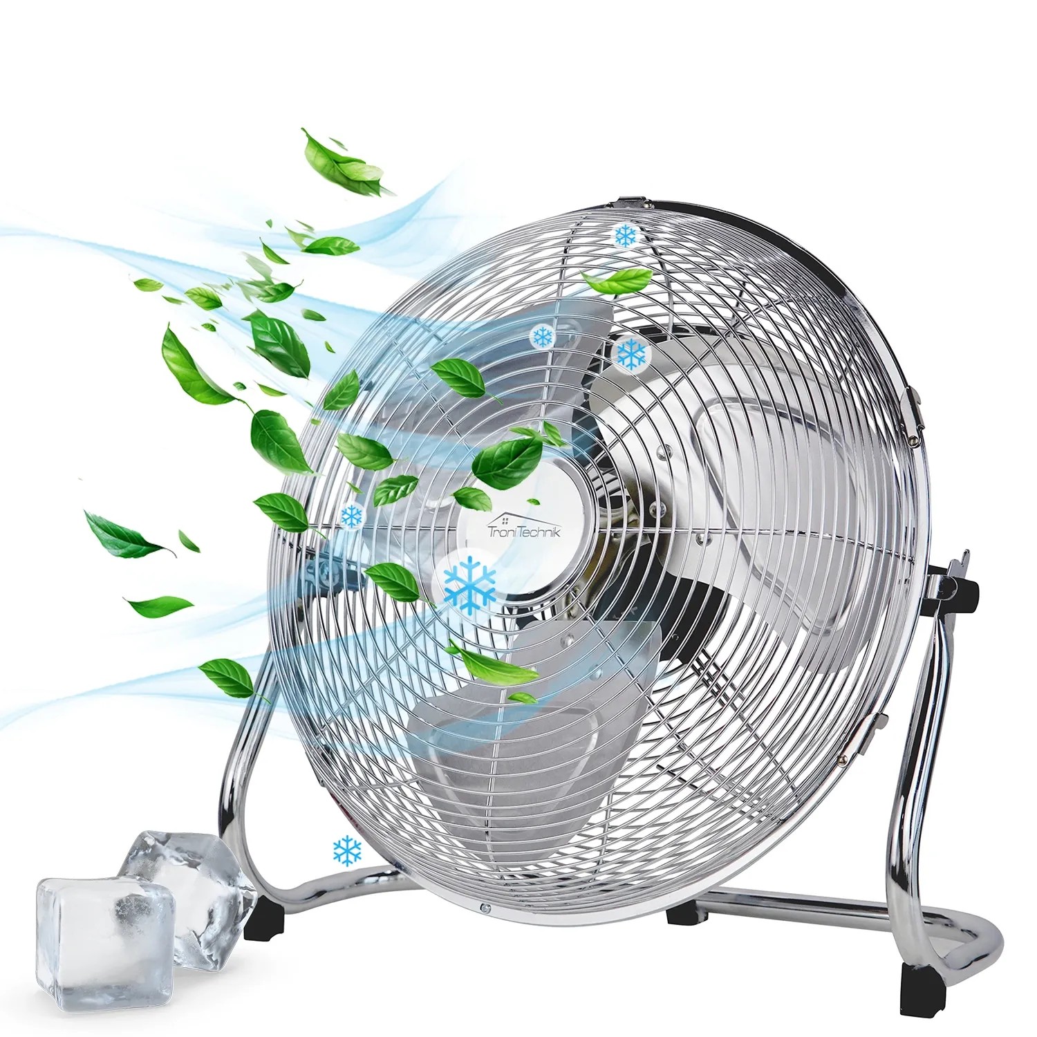 TroniTechnik Bodenventilator Windmaschine, 70W, ⌀35cm, silberfarben, mit simulierten Blättern und Eiswürfeln.