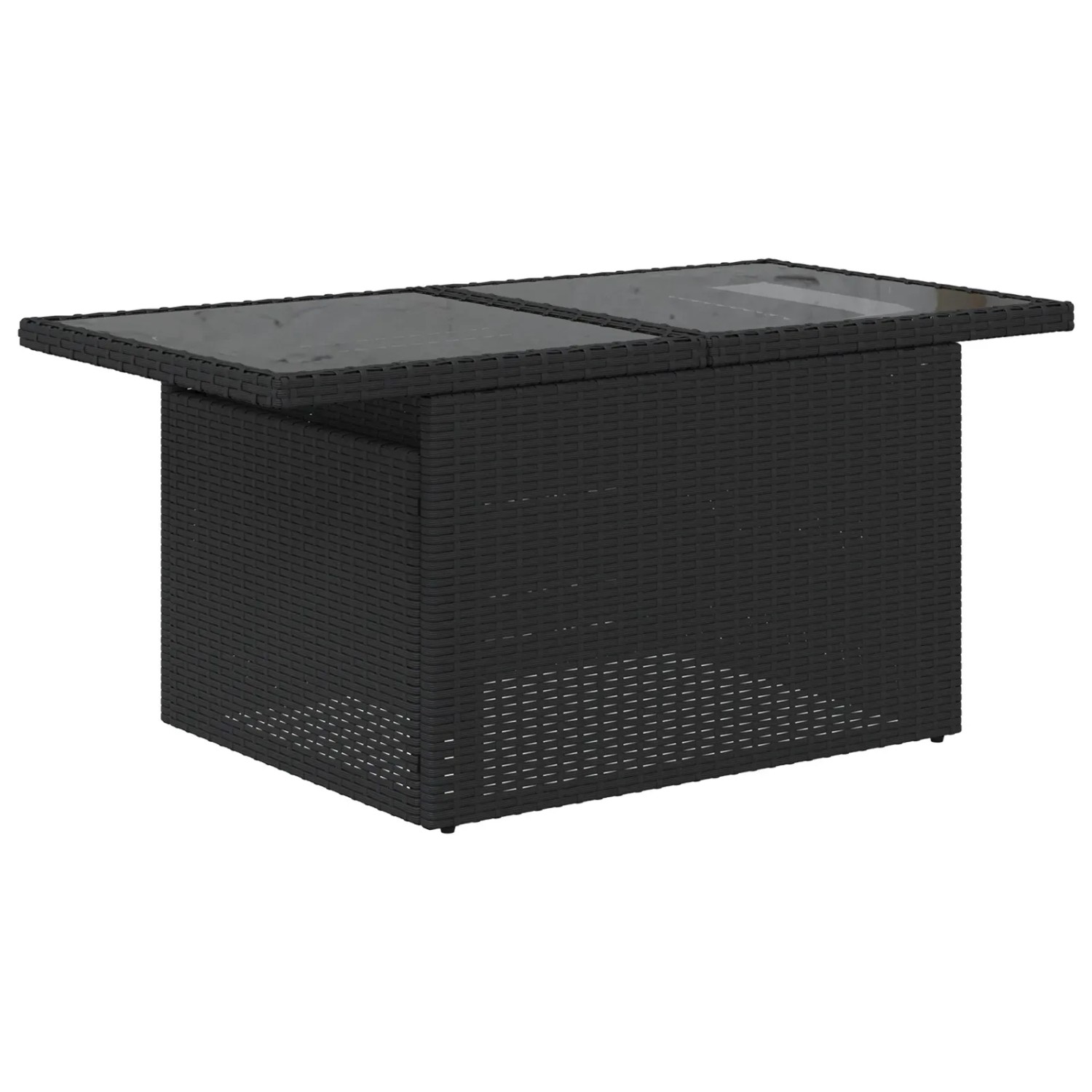 Schwarzer vidaXL Gartentisch aus Poly Rattan mit Glasplatte, Teil eines 8-tlg. Sets.
