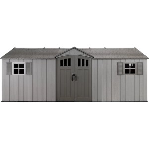 Großes, dunkelgraues Lifetime Gerätehaus Neptun aus Kunststoff mit Doppeltür und Fenstern.