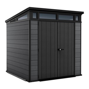 Modernes, graues Keter Gerätehaus Cortina 4,7 m² mit Doppeltür und Fensterreihe unter dem Dach.