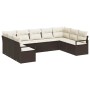 Braunes 9-teiliges Garten-Sofa-Set aus Poly Rattan von vidaXL mit cremefarbenen Kissen.