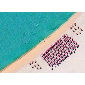 Komar Wandbild South Beach, 70x50 cm, Vogelperspektive auf Strand mit Liegen und Meer.