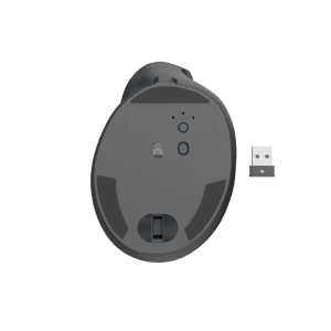 Schwarze Hama EWM-600R Vertikalmaus mit USB-Empfänger von unten.