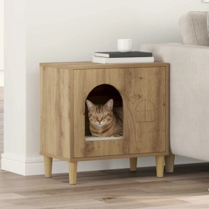vidaXL Katzenhaus aus Eiche-Holzwerkstoff als Beistelltisch mit schlafender Katze im Wohnzimmer.